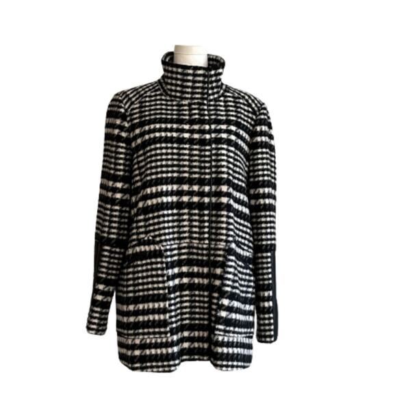 Rafaella Car Coat Black White Brushed Plaid Faux Leather Detail Outerwear Large - Picture 2 of 12